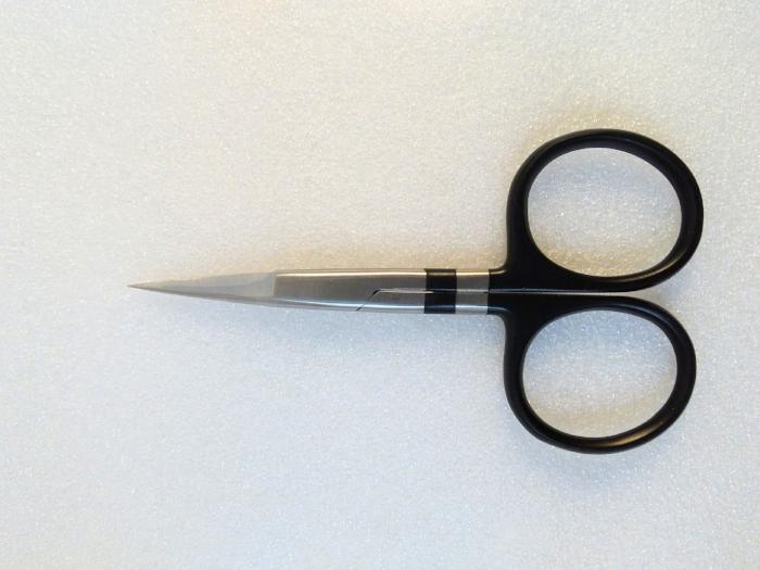 Tungsten carbide scissors with pointed metal blades and black loop handles