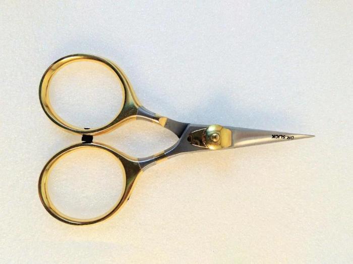 Dr. Slick razor scissors with gold loop handles and pointed blade