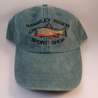 green quality Adams ball cap embroidered with a Brook Trout and the shop name
