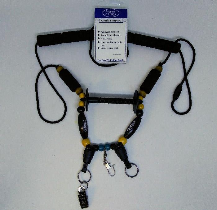 Black beaded guide lanyard with lobster clips and keyring, adjustable cord