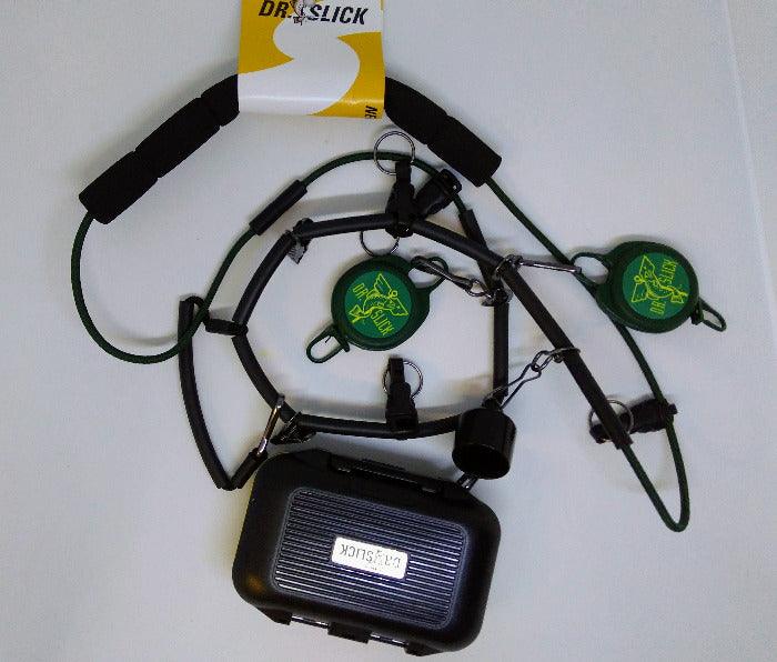 a fly fishing lanyard by Dr. Slick with zingers, floatant holder, fly box, foam collar and more