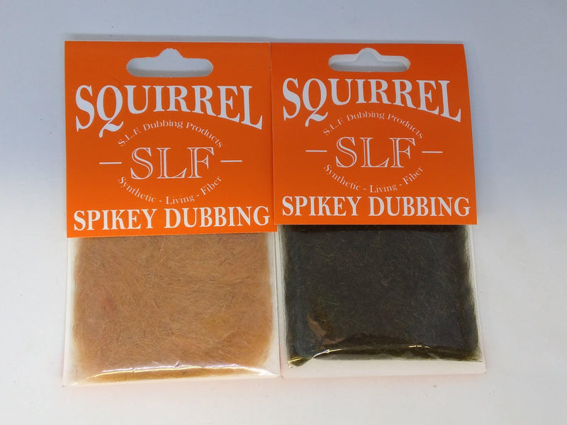 Spikey dubbing in two small pouches, tan and dark gray, in Squirrel SLF box