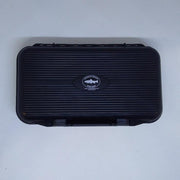 Dropper organizer case closed, ribbed dark exterior with oval logo badge