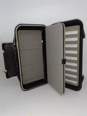 Dropper organizer case open, gray padded panels and divider strips, dark exterior