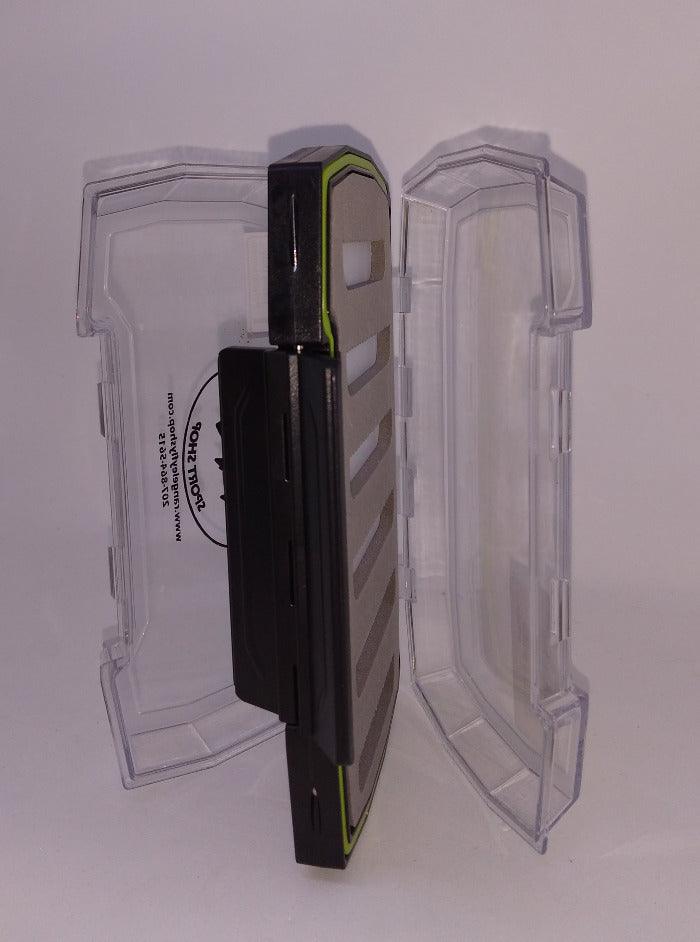 TETON polycarbonate waterproof box, two-sided open, clear shell with black latch and strap