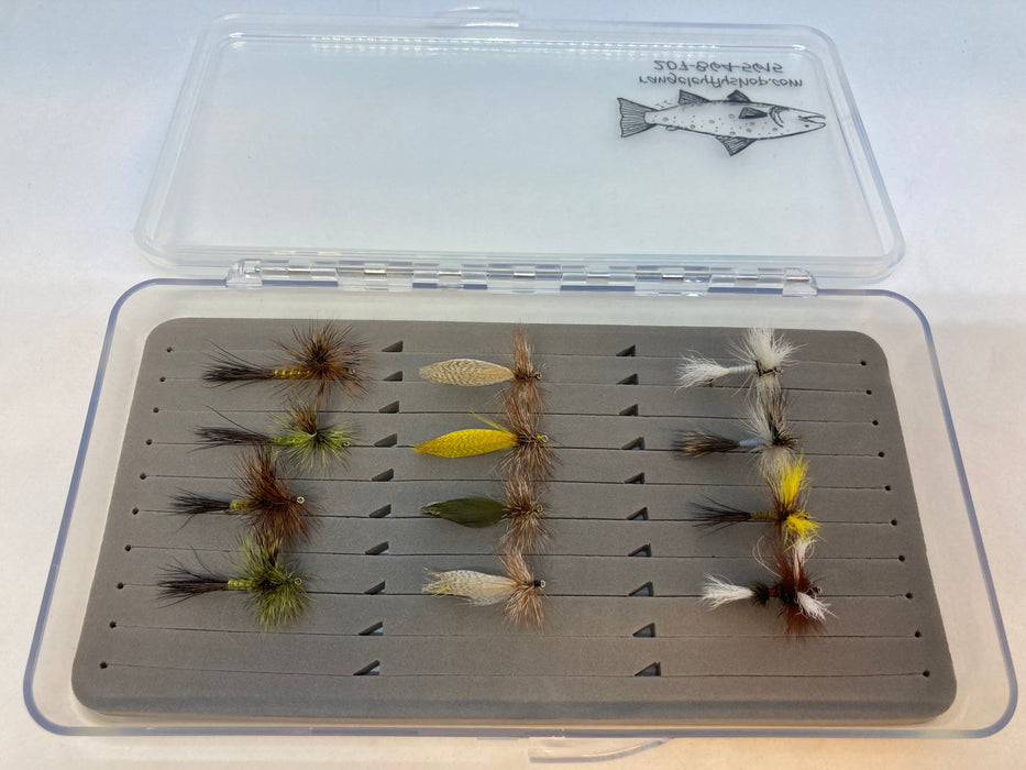 a collection of 4 paradrakes, 4 hornbergs, and 4 wulff flies useful for fly fishing during the drake hatch