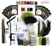 Fly-tying starter kit with tools, colored thread spools, feathers, and handbook