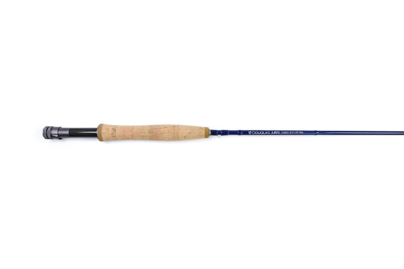 Douglas LRS rod with cork grip and dark reel seat on blue shaft
