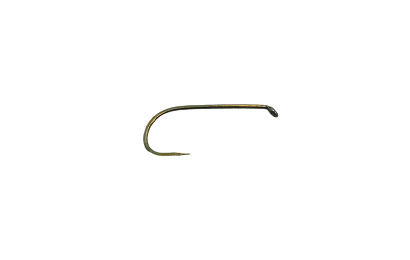 Olive-green streamer hook with curved shaft and pointed barb