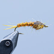 Stonefly fly fishing lure with golden body, green accents, and fuzzy fibers