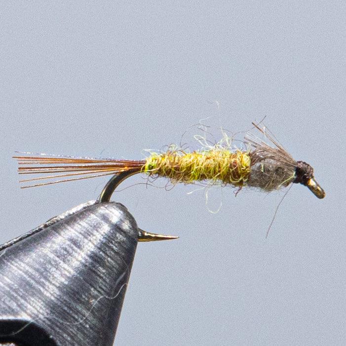 Olive and yellow fishing fly with gray dubbing wing and barbed head