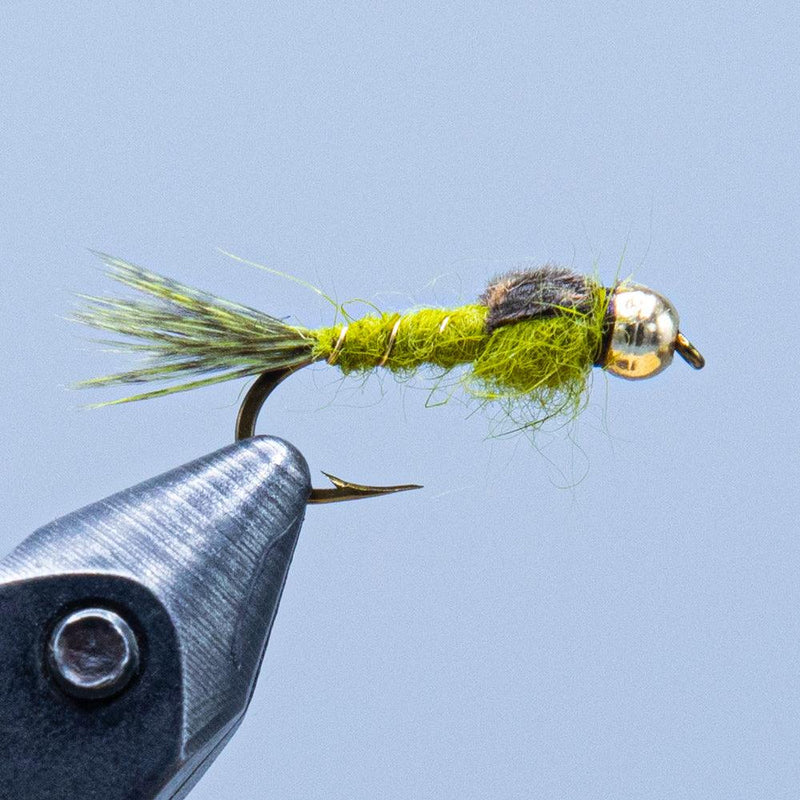Beadhead fishing fly with olive-green dubbing, gold bead, and deer-hare style tail