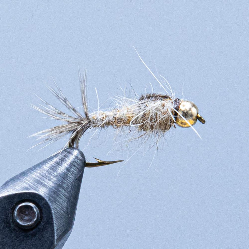 Hare's ear nymph fly with gold bead head and soft tan dubbing