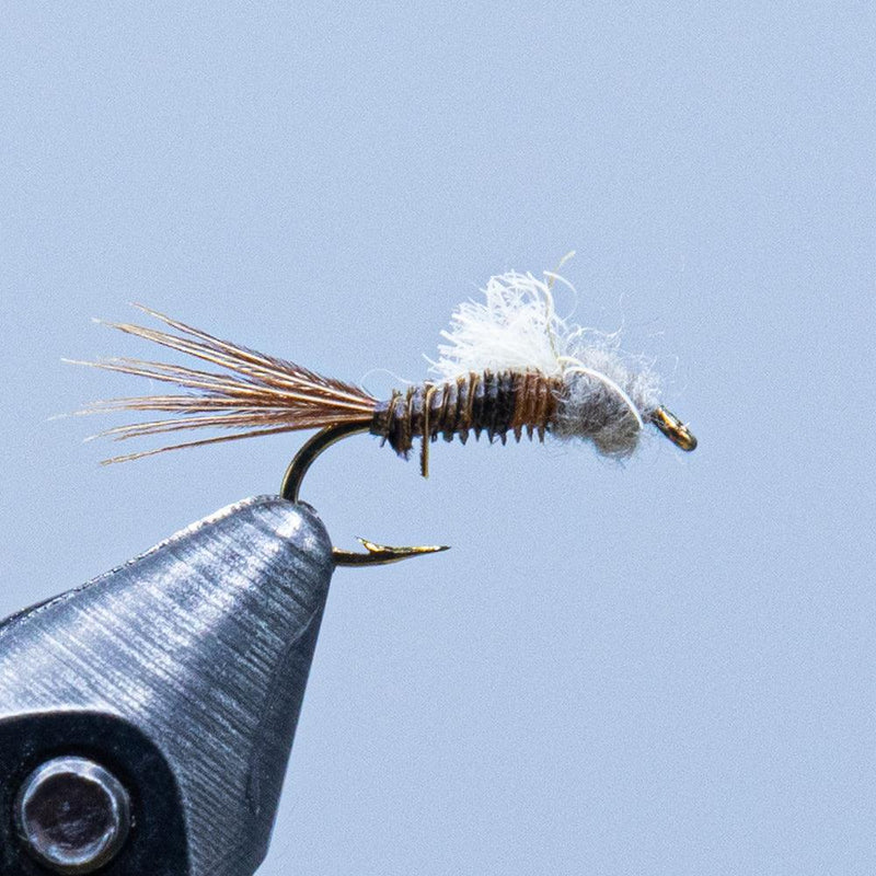 Hendrickson Emerger fishing fly with grey ribbed body and white hackle tail