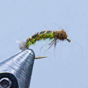 Net spinning caddis fly lure with green flash and dark brown dubbing