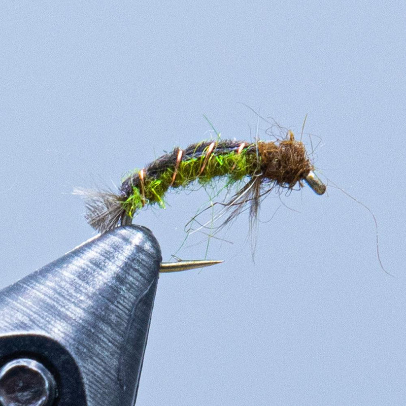 Net spinning caddis fly lure with green flash and dark brown dubbing