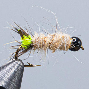 Peeking caddis with fluorescent green from Rangeley Maine fly shop