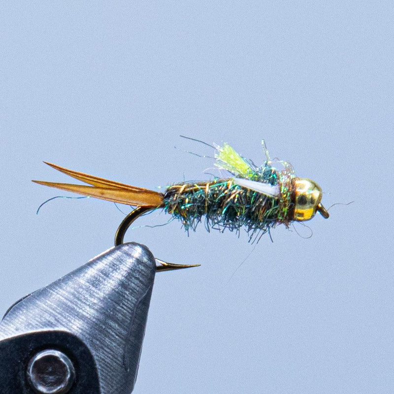 Fishing lure with green tinsel body, gold bead head, and double hooks