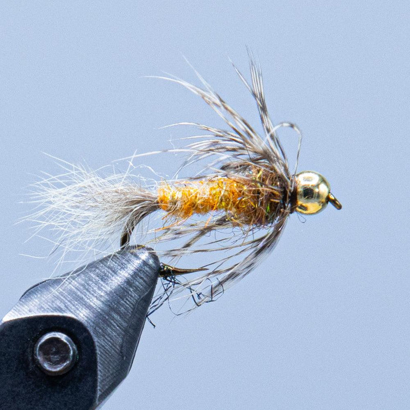 Beadhead fly fishing lure with gold bead, orange-and-yellow body, and gray winging