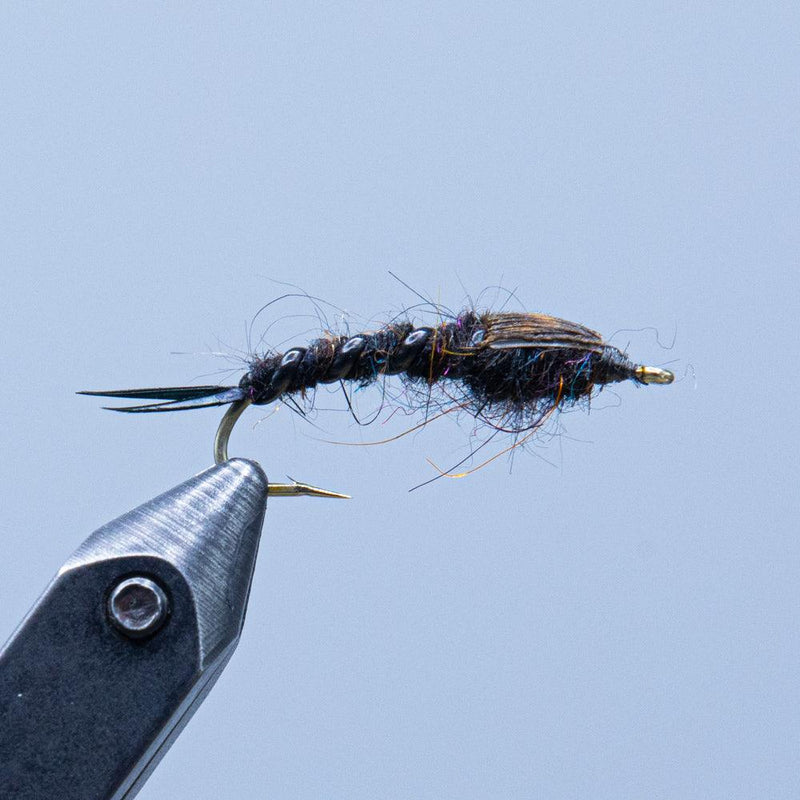Stonefly fly fishing lure with dark blue-black body and fuzzy wings