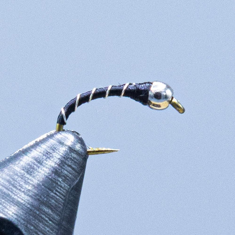 Gray-striped midge fly with silver bead and gold hook