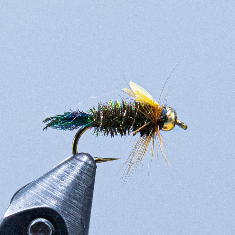 Beadhead fly lure with yellow bead, dark ribbed body, green and yellow wing