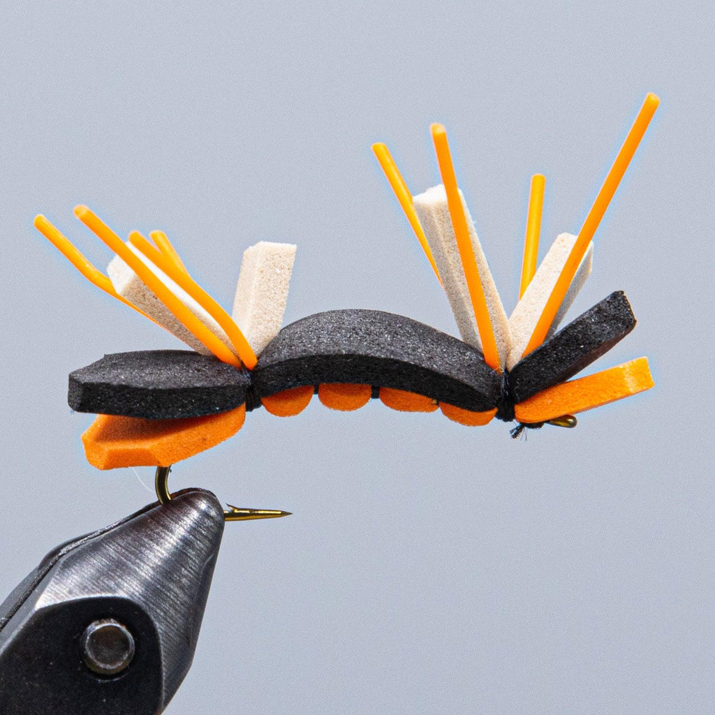 black and orange foam chernobyl ant fishing fly