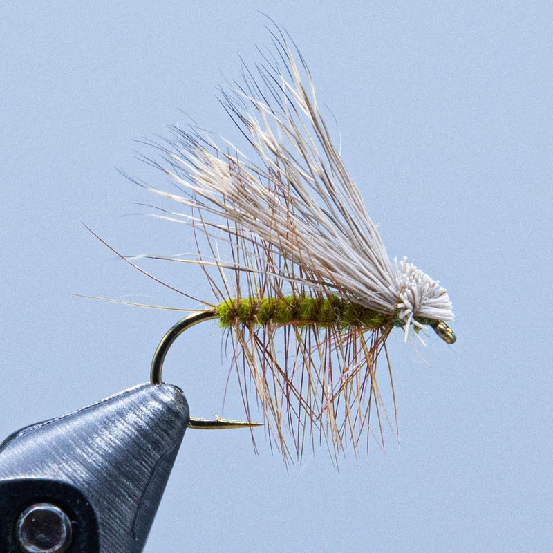 Deer hair caddis fly with light tan hair wing and green body band, curved hook
