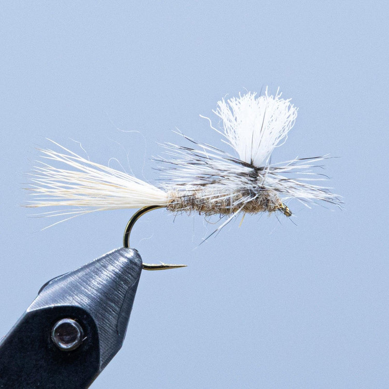 Parachute dry fly with grey-brown hares ear dubbing and upright wings on a hook