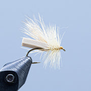 Cream caddis fly fishing lure with light body dubbing and white hackle