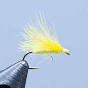 CDC caddis fly with bright yellow feather tail and shiny dark hook