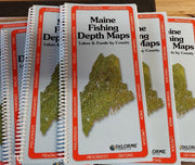 Maine Fishing Depth Maps booklet with spiral binding, white cover and county map