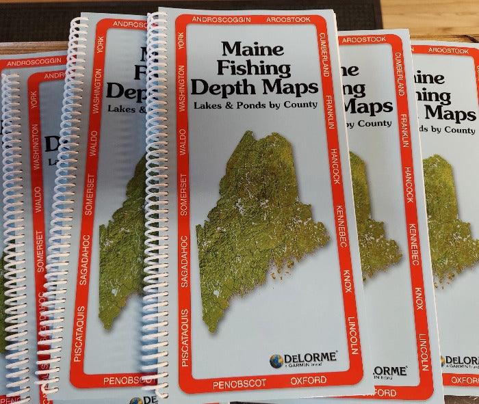 Maine Fishing Depth Maps booklet with spiral binding, white cover and county map