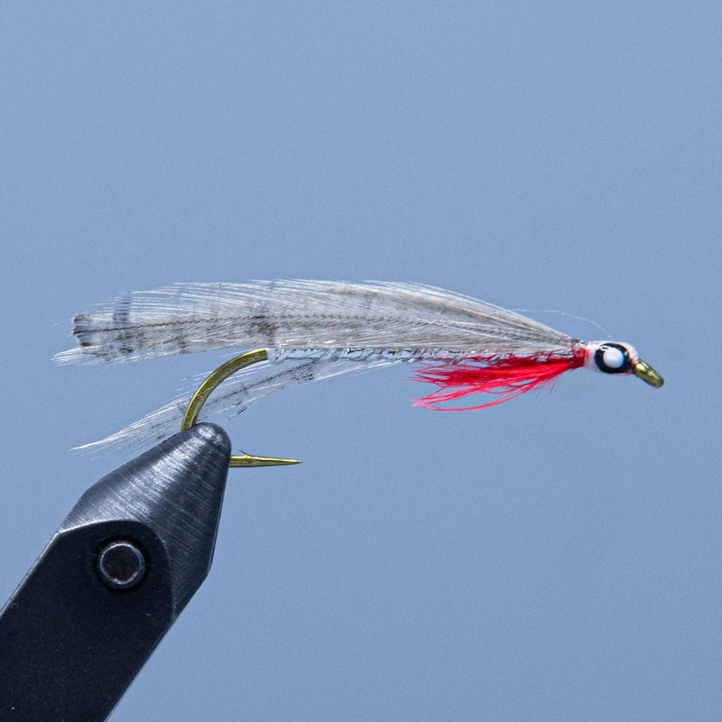 Fishing fly lure with silver wings, red/pink tail, and curved hook