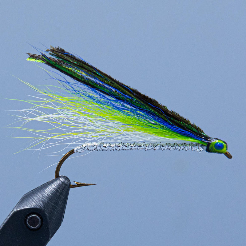 Iridescent blue-green smelt-style fishing lure with feather tail and hook