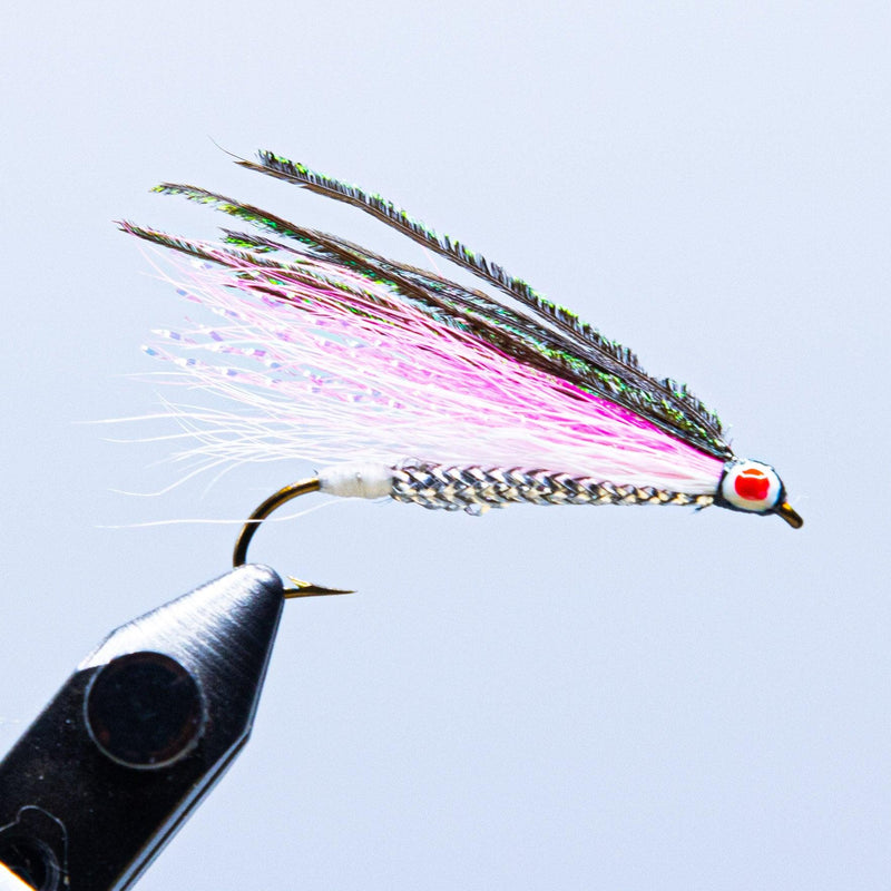 Pink smelt fishing fly with pink body, silver hackle, red-and-white bead eye