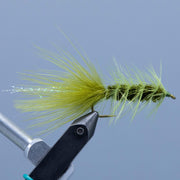 Fly streamer with lime-green marabou tail on a hook
