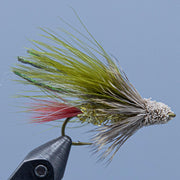 Feather muddler fly with olive-green marabou body, white head, and curved hook