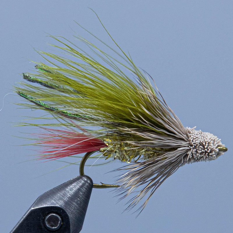 Feather muddler fly with olive-green marabou body, white head, and curved hook