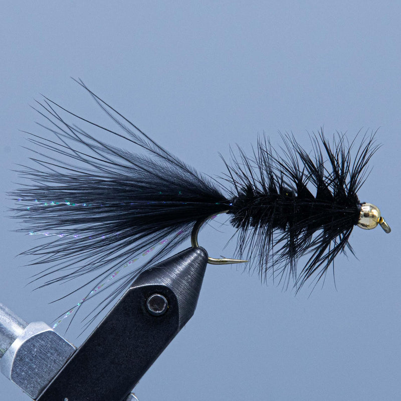 Bead-head woolly bugger fly with black feather tail and gold bead head