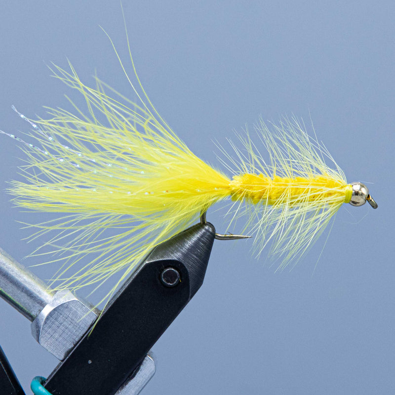 Bead-head woolly bugger fly with bright yellow feather tail and gold bead head