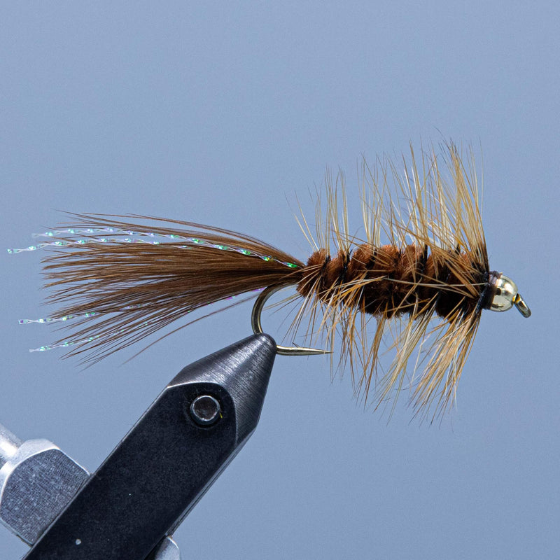 Bead-head woolly bugger fly with brown feather tail and gold bead head