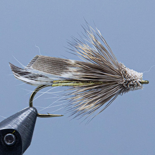This muddler minnow has a gold body and natural feathers and fur  at a maine fly shop
