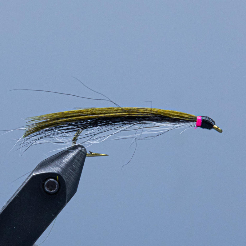Fishing fly lure with olive-green tail, silver body, and pink bead head