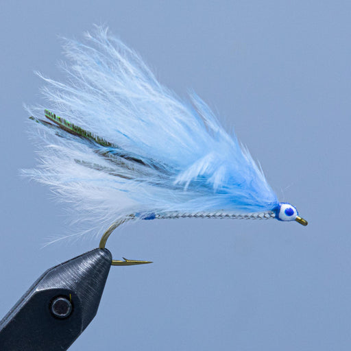 The Frost Blue Smelt marabou version of a streamer fly created in Rangeley Maine