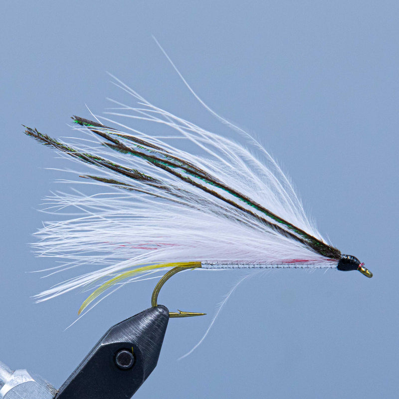 A white marabou and peacock streamer called the Ballou Special tied for a Rangeley Maine Fly Shop