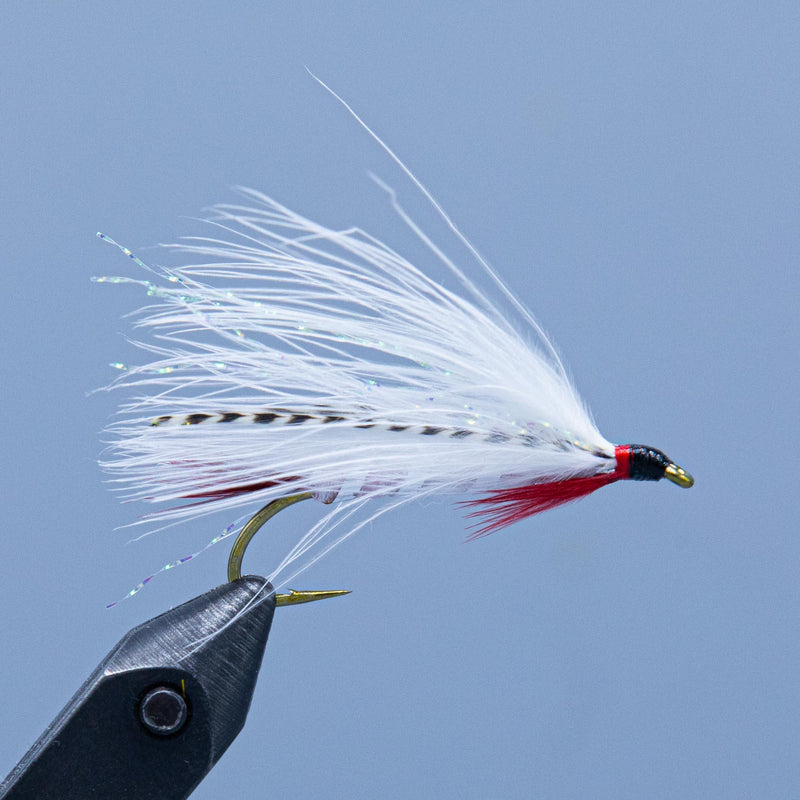 White streamer fly with red underwing, striped body, and barbed hook