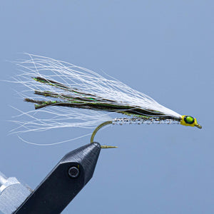 Silver white and peacock streamer fly called Silversides and tied for a Maine Fly Shop