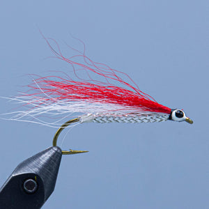 A red and white bucktail wing over a silver body to create the Red and White classic streamer fly
