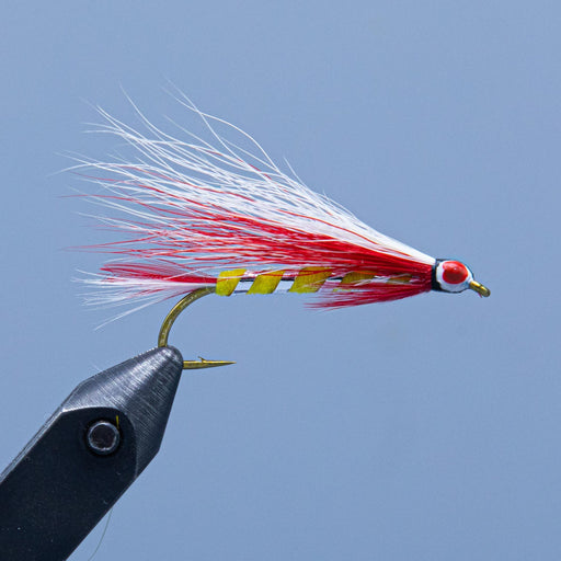 Parmachenee Belle streamer fishing fly with yellow and silver body and red and white bucktail at a Maine fly shop